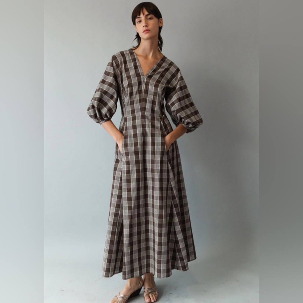 CARON CALLAHAN Evan Midi Dress Chocolate Plaid Size 6